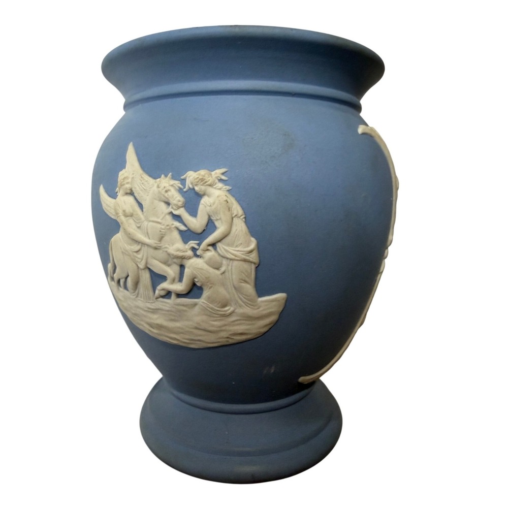 Vintage Blue Jasperware Style Vase Urn Classical White Relief 5 Inch